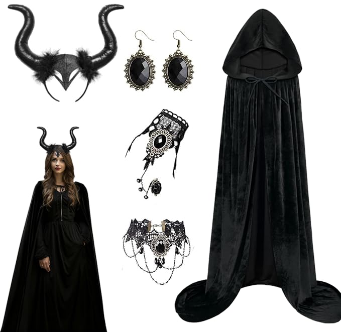 Deguisement Carnaval Femme Maléfique Costume, Noir Cape à Capuche, Bandeau à Cornes de Démon, Retro Collier Collier Bracelet Boucles d'oreilles Gothic Cosplay Set pour Halloween Masqué Partie
