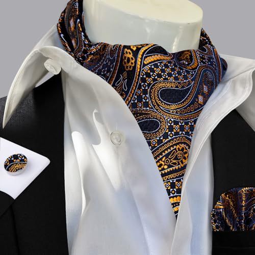 Image of DiBanGu Mens Silk Ascot Ties Paisley Jacquard Woven Cravat and Pocket Square Cufflinks with Lapel Pin for Business Wedding