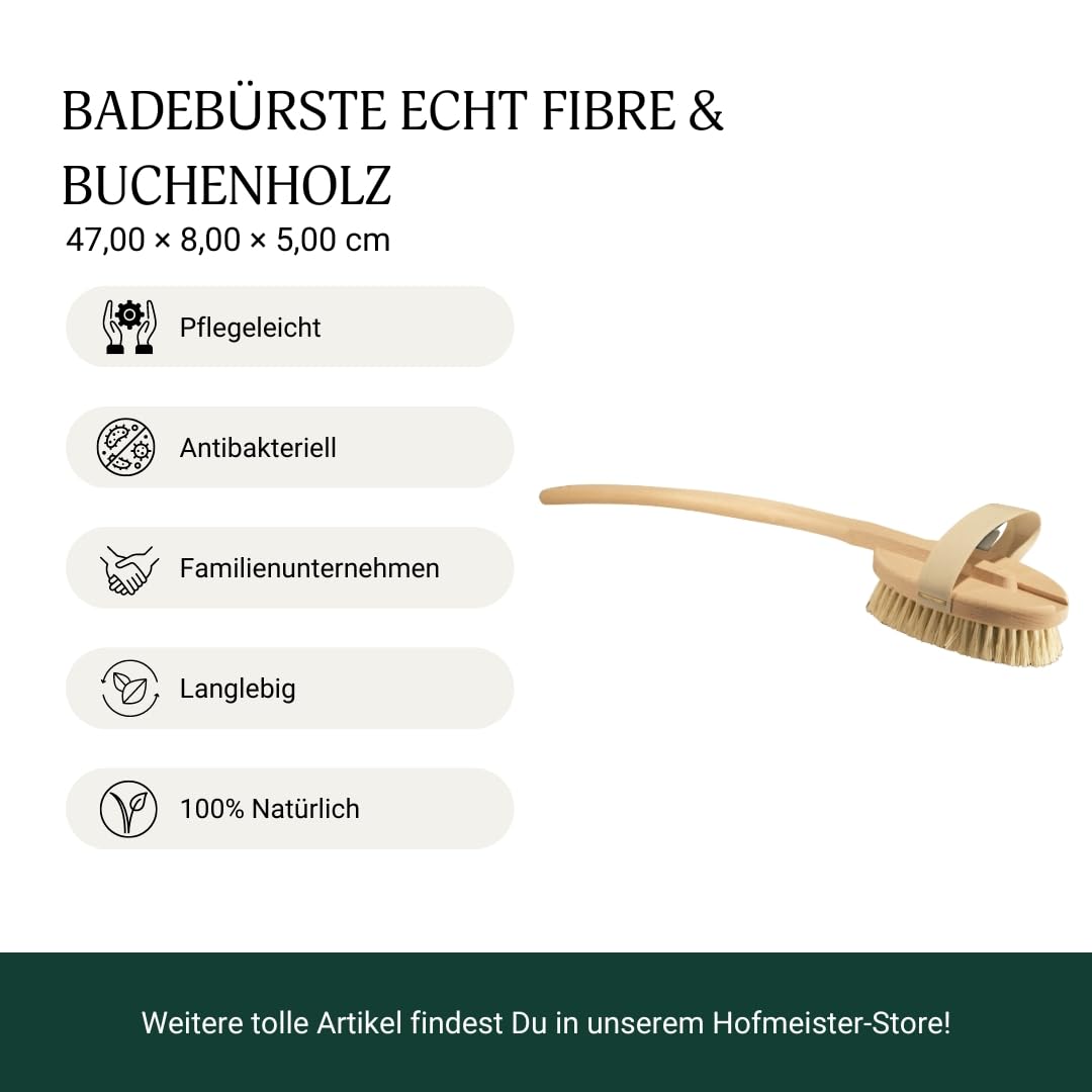 HOFMEISTER® Badebürste, 47 cm, angenehme Reinigung & Massage des Rückens, sanft zur Haut Dank Fibre-Natur-Borsten, Peeling mit der Körperbürste, Handschlaufe & Abnehmbarer Stiel