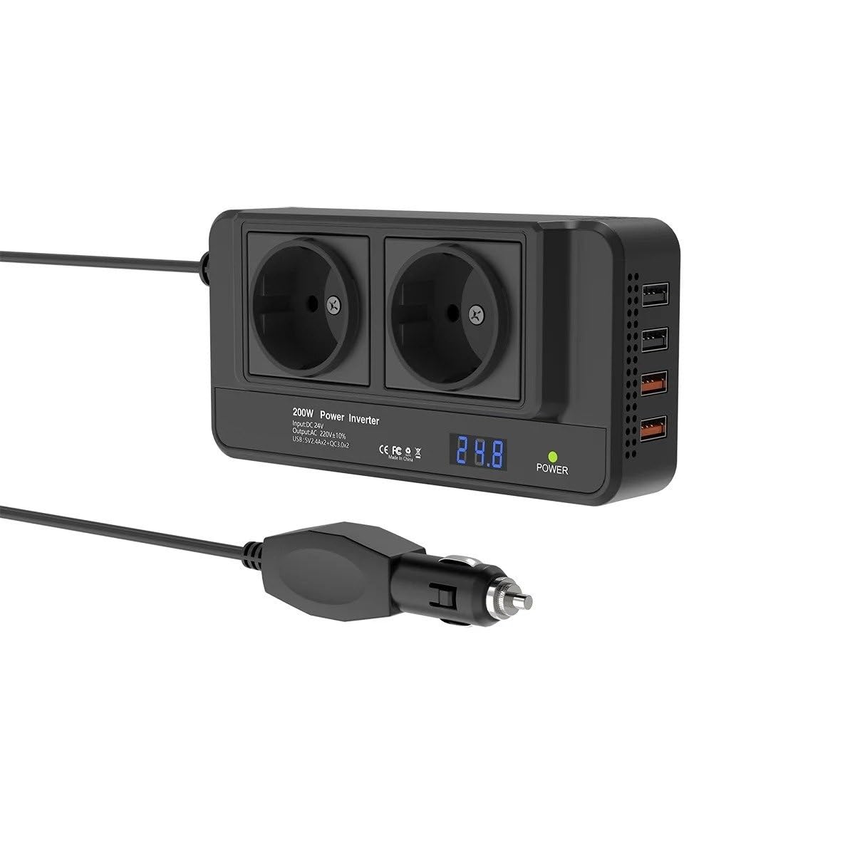 Onduleur 24 V vers 220 V Double Prise Secteur UE Ports USB Et QC 3.0 Charge Rapide Prise Allume-Cigare 200 W Convertisseur Tension Convertisseur