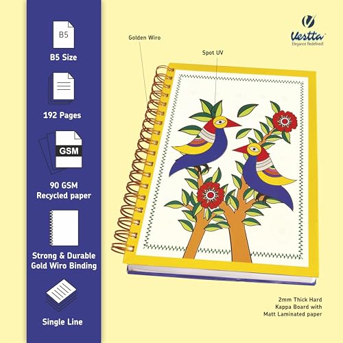 Image of VESTTA -ELEGANCE REDEFINED, B5, Hard Bound Notebook Diary, 7(L) X 9.75 (H) Inches, Gold Wiro Binding, Undated, 90 GSM paper, 192 Ruled Pages (Madhubani Folk Art Series 5)
