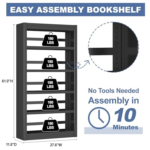 Image of VASAAOSD Metal Bookshelf, Adjustable Black Bookcase, 5 Tier, 61 inch Tall | Sturdy Metal, Adjustable, Toolless Easy Assembly Book shelves, For Home Office, Living Room, Bedroom, Library