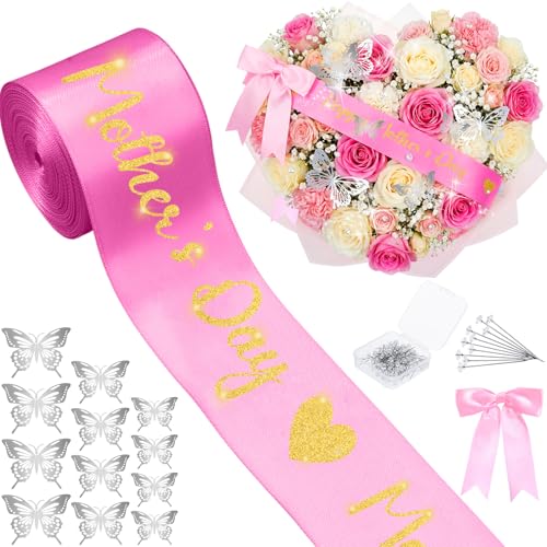 Zeyune 114 Pcs Mothers Day Ribbon and Flower Bouquet Accessories Includes 2 in x 5 Yard Glitter Happy Mothers Day Satin Ribbon Silver Butterflies Bow & Rhinestone Pins for Gift Wrapping Birthday