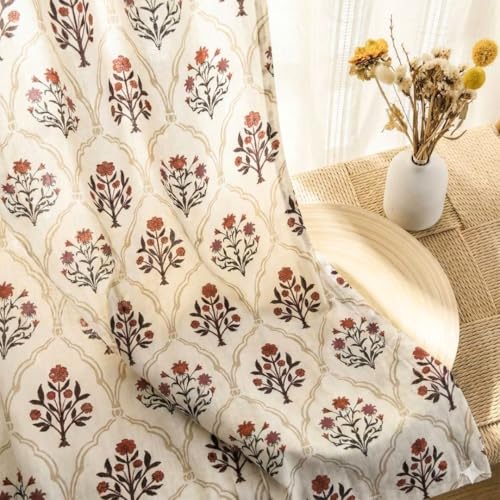 Image of Peepul Tree Pure Cotton Curtain Set of 2 Handwoven and 1 Printed Curtain| Rust and Maroon | 7 ft | Set of 3 | Royal Courtyards Collection