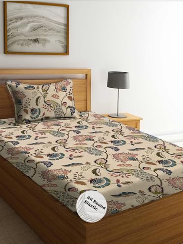 DECOMIZER 300 TC Cotton Feel All Around Elastic Fitted Glace Printed Single Bed Bedsheet with 1 Large Pillow Cover Fits Upto Mattress of 6 Inches,Pill