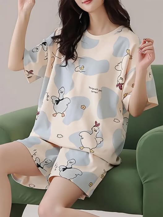 Image of Lunza Women's Cotton Pajama Set with Top & Pants|| Korean Night Suit|| Lightweight Printed Set || Soft & Comfy Sleepwear for Girls & Women