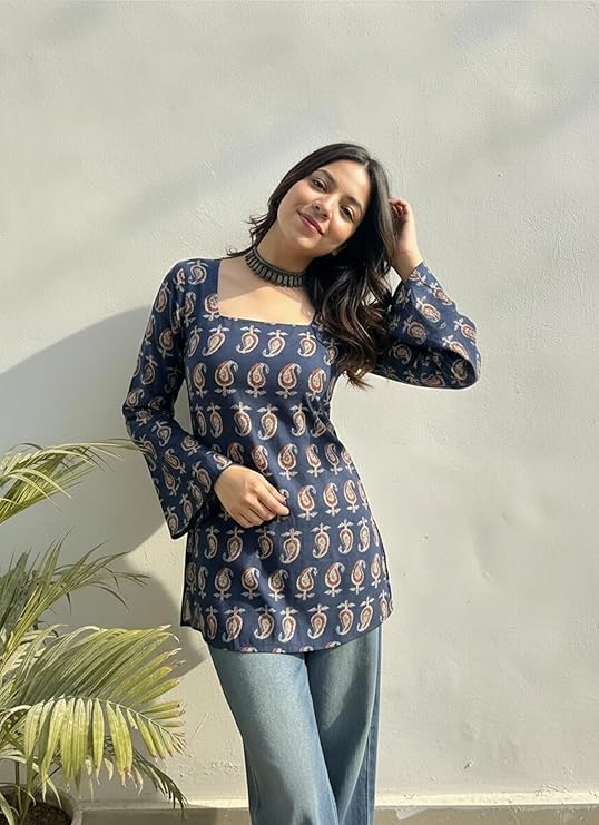 Image of ANNI Designer Women's Viscose Blend Printed Short Kurti | Straight Fit Casual Ethnic Top | Square Neck 3 /4 Sleeve Kurta Office College