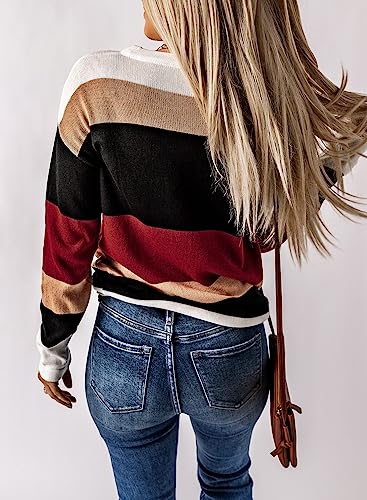 Image of Dokotoo Womens Sweaters Striped Fall Winter Outfits Drawstring Color Block | Long Sleeve,Crewneck,Lightweight Fashion Clothing,Teachers Comfy Outfits,Business Casual Tops,Vacation Wear