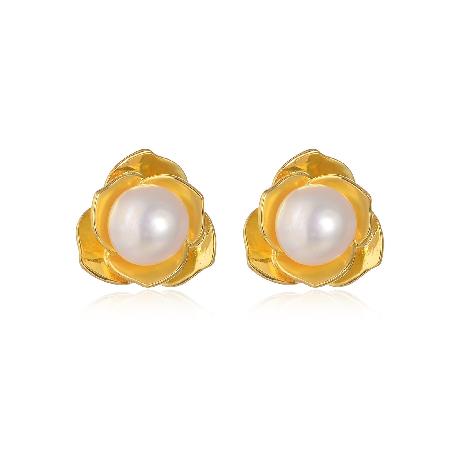 H'Helen Pendientes Flor De Plata De Ley 925 Perlas Cultivadas De Agua Dulce Tipo Botón Blancas - H'Helen
