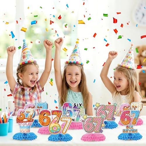 Image of 6 7 Birthday Decorations, Funny Six Seven Donut Ice Cream Table Honeycomb Centerpieces for Kids Teens Adults 67 Meme Themed Party Favors Supplies