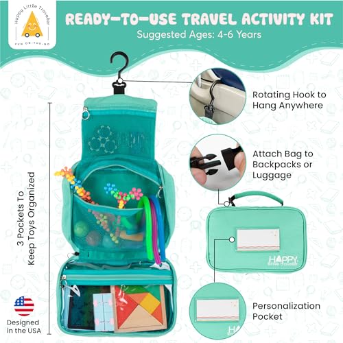 Image of Travel Essentials for Kids - All-in-One Hanging Bag with Kid Toys, Road Trip Activities for Kids, Sensory Toys & Travel Games for Airplane Trips, Car Rides, Gifts for Boys & Girls 4+ Years (Seafoam)