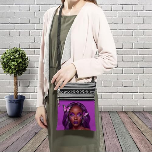 African American Messenger Bag Small Ethnic Pattern Printed Adjustable Strap Crossbody Zipper Pouch Purple Butterfly Phone Organizer Wallet Cute Shoulder Handbag for Black Women3
