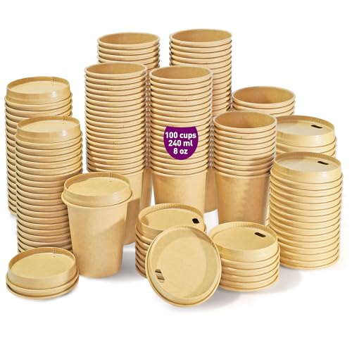 100 vasos desechables kraft de 240 ml / 8 oz con tapas de papel, vasos de cartón kraft desechables para café americano, café con leche y refrescos. Para llevar