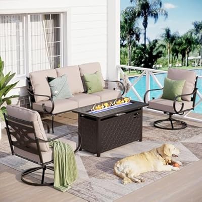 Sophia & William Patio Furniture Set with Fire Pit Table, Outdoor Conversation Sets 5 Seats Clearance with 45" Gas Fire Pit Table x 1, 3-seat Sofa x 1, Swivel Chair x 2 for Porch Lawn, Beige