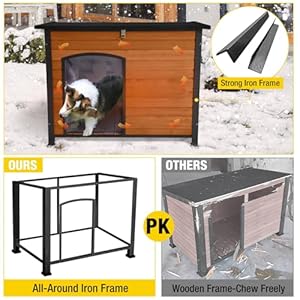 Insulated Outdoor Dog House with Liner for Winter Wooden Dog Kennel with All-Around Iron Frame,Waterproof