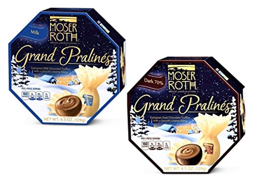 Moser Roth Grand Pralines European Dark Chocolate Truffles with a smooth creamy filling 4.5 OZ. Set of 2 Milk & 70% Dark Chocolates (129g) 3 piece serving