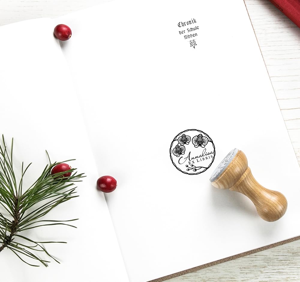 Corona Fiori Orchidea Timbro Personalizzabile, Ex libris Libro Biblioteca Personale, Fatto a Mano Regali in Scatola Regalo Speciale