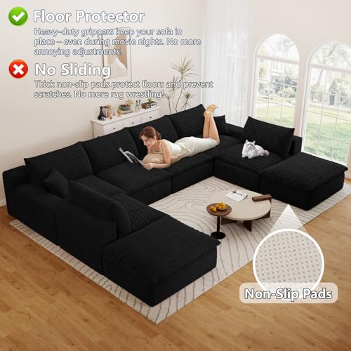 Image of 136 inch Cloud Couch Modular Sectional Sofa for Living Room, U-Shape Boneless Couch with Deep Seat, Modern Corduroy 6-Seater with Ottomans, No Assembly Required, Black