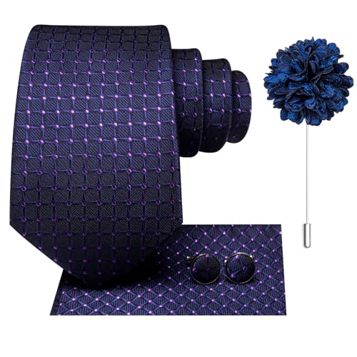 Image of Hi-Tie Men Silk Ties Set with Flower Lapel Pin Necktie Pocket Square Cufflinks for Tuxedo Wedding Business