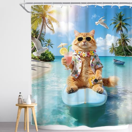 Image of Funny Cat Shower Curtain Cute Kids Surfing 60Wx72H Inch Decor | Hawaii Tropical Summer Surfboard Blue Ocean Sea Seagull Sun Cool Cats Waterproof Polyester Bathroom 12 Hooks