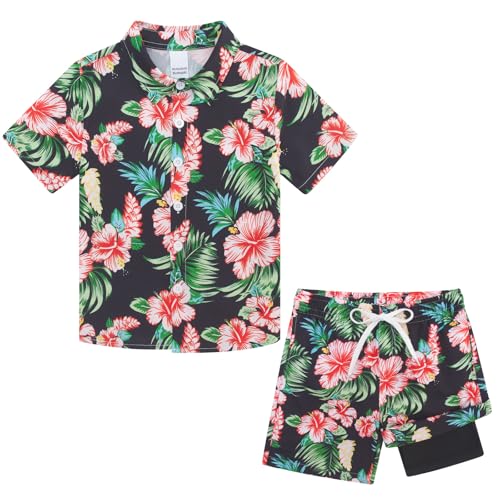 Image of UNICOMIDEA Boys Hawaiian Outfits Tropical Print Button Down Shirt + Swim Trunks 2 Piece Sets for 5-12T Kids