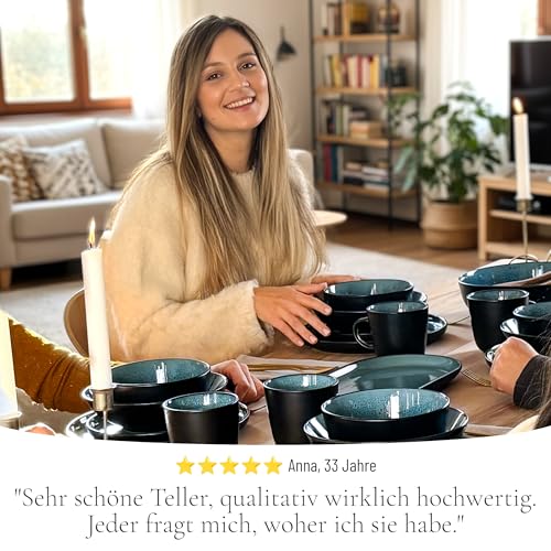 Steingut Geschirrset 12 Pers. Ibiza 48-tlg Hochwertiges Mediterranes Steingut Geschirr Set - Schüssel- und Teller Set - Tafelservice 12 Personen Geschirrsets Pure Living in Petrol