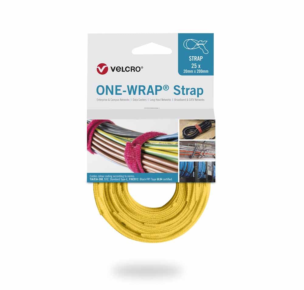 Velcro® Brand ONE-WRAP® Cable Ties 20mm x 200mm – Yellow | Reusable Hook & Loop Fastener Straps for Cable Management (25 Pack)