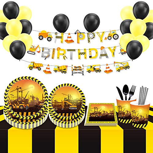 LJCL 183 pcs Construction Birthday Party Supplies Traffic Cars Excavator Bulldozer Tableware Set Disposable Dump Truck Themed Tableware Set with Excavator Foil Balloon banner Plates Serves 16 Guests