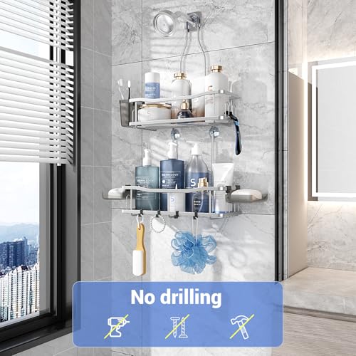 Image of Aitatty Hanging Shower Caddy Bathroom Organizer: Rustproof Shower Shelf Racks Over Shower Head - No Drilling Inside Bath Shower Rack Shelves Over Showerhead for Shampoo with Soap Holder Chrome