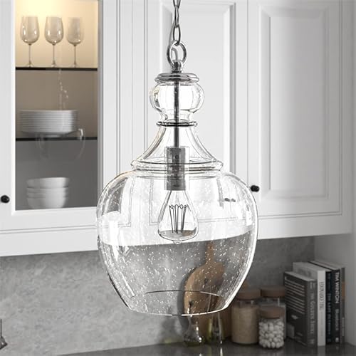 Henn&Hart 11" Wide Pendant With Glass Shade In Brushed Nickel/Seeded, Pendant, Flush Mount Ceiling Light Fixture For Kitchen, Living Room #TOP2