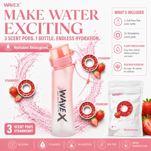 Image of WaveX Scented Water Bottle, Includes 3 Strawberry Scent Pods, BPA Free, Flip Top Leak-Proof Lid, Straw & Carry Strap Included, Subtle Flavor Experience, No Sugar or Calories, (Soft Rose Pink)