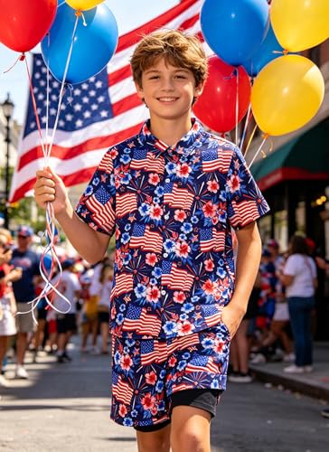 Image of UNICOMIDEA Boys 4th of July Outfits Kids Patriotic Independence Day Tropical Short Sets for 5-12 Years