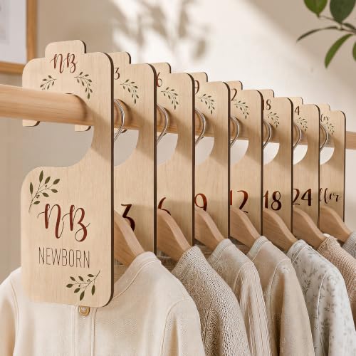 Image of Baby Closet Dividers for Clothes Organizer - Set of 8 Beautiful Wooden Double-Sided Baby Clothes Size Hanger Organizer from Newborn to 24 Months for Boho Nursery Decor