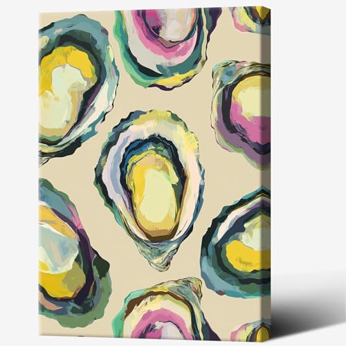 Image of Abstract Coastal Oyster Shell Poster Colorful Beachy Shell Canvas Wall Art Funny Summer Seaside Shell Aesthetic Prints Painting For Home Living Room Kitchen Restaurant Wall Decor 8x12in Framed