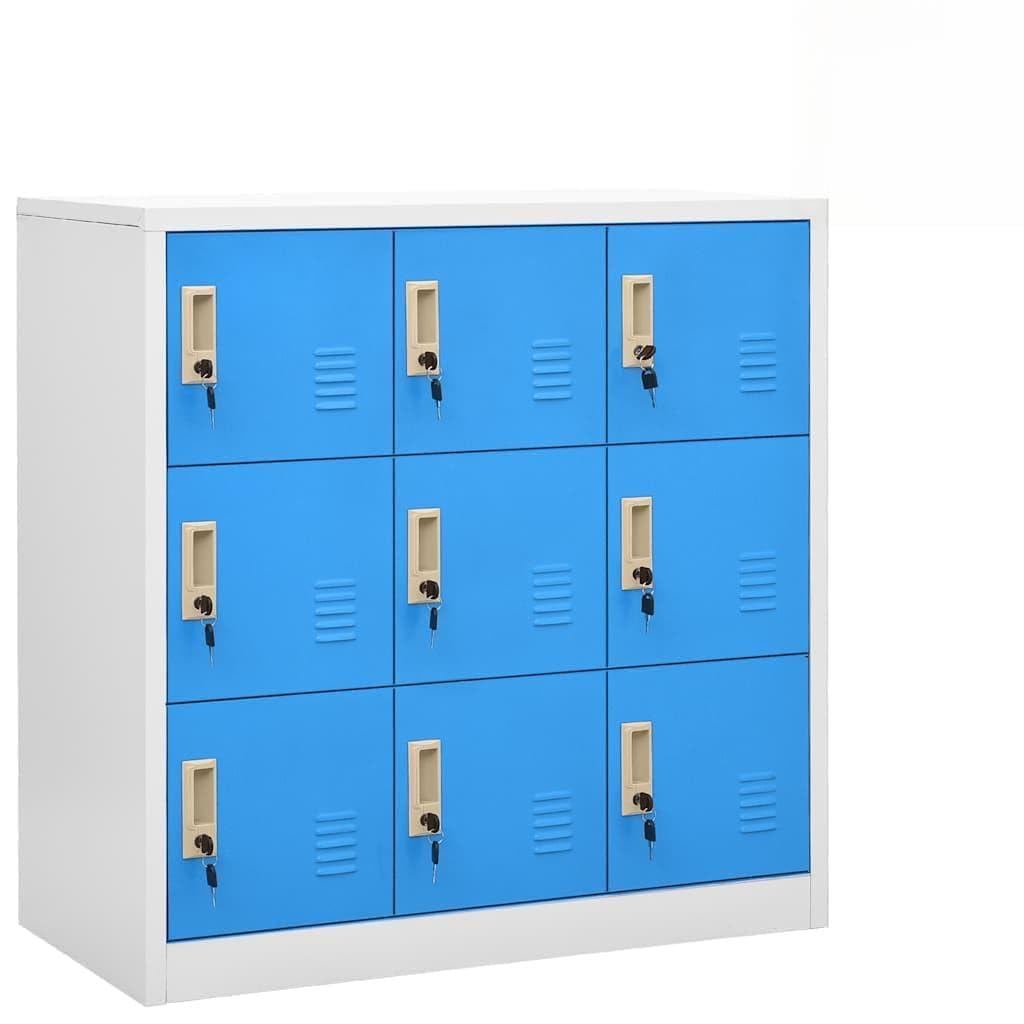 Set di 5 armadietti in acciaio con 9 scomparti e serrature, 90 x 45 x 92,5 cm, per ufficio, scuola e archivio, grigio chiaro e blu