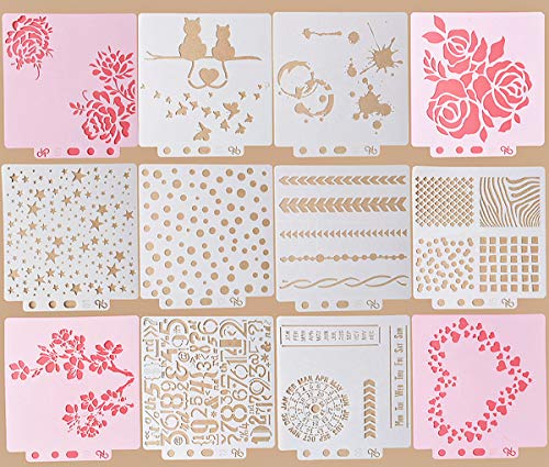 Reusable Plastic Stencil,12 Pack (5.6x5.1 Inch) Different Design Pattern Stencil Flower Lace Digital Drawing Template for wall Cake Scrapbook Painting Card Making