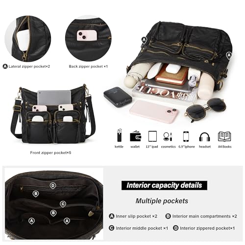 Image of Worldlyda Crossbody Bags for Women Large Tote Soft Leather Purses Washed Y2K Hobo Vintage Handbag Shoulder City Bag