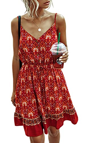 ASOMI Sommerkleid Damen Kurz Kleider Sommer V-Ausschnitt Ärmellos Blumen Swing A Linie Minikleider Strandkleider 85 Weinrot Small Cover
