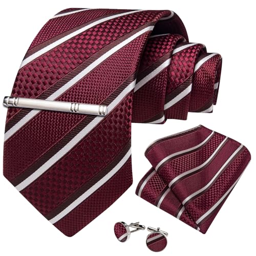 Image of DiBanGu Mens Tie Silk Plaid Striped Necktie and Pocket Square Cufflinks Tie Clip Set with Gift Box Formal Wedding Party
