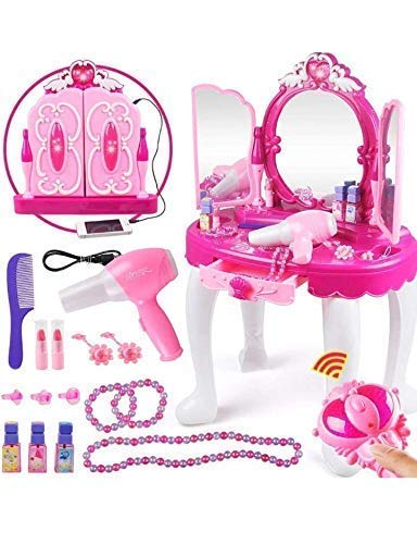 Shree GaneshGlamour Princess Make Up Dressing Table&Beauty Set With Light&Sound Mirror,Stool,Hair Dryer,Lipstick,Necklace,Accessories With Play Mp 3 Music Special (Big Makeup Set),Multicolor
