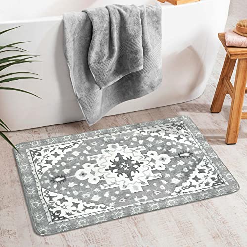 Uphome Boho Retro Bathroom Rug Gray Non-Slip Soft Bath Rug Machine Washable Oriental Bathroom Mat Traditional Farmhouse Floral Floor Mats for Bathtub Shower Toilet, 20x31 inch
