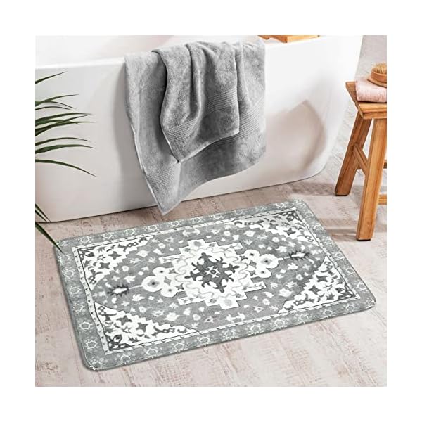 Uphome Boho Retro Bathroom Rug Gray Non-Slip Soft Bath Rug Machine Washable Oriental Persian Bathroom Mat Traditional Farmhouse Floral Floor Mats for Bathtub Shower Toilet, 20x31 inch
