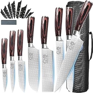 XYJ Professional Kitchen Knife Set Laser Pattern 8″ 7″ 5″ 3.5″ Chef Knives Set With Carry Case Bag & Sheath 8 Pieces Knife Tool