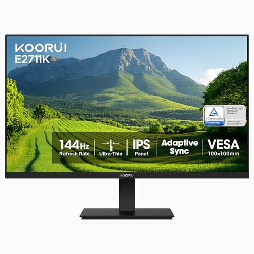 KOORUI 27 Inch Gaming Office Monitor 144Hz IPS Display, FHD 1080P with FreeSync, Eye Care TÜV Rheinland Certified with Slim Bezels, HDMI VGA Ports, Ergonomic Tilt, VESA Mount, Black