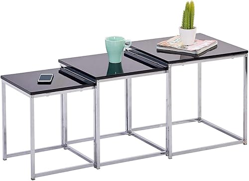 Modern Nest - Juego de 3 mesas negras de alto brillo, juego de 3 mesas auxiliares cuadradas negras para sofá, mesa auxiliar de té, mesa de madera,