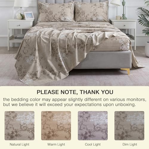 Image of Dark Beige Vintage Floral Percale Bed Sheets Full Size Deep Pocket | 100% Cotton Brown Flower Farmhouse Sheets, Shabby Chic Neutral Printed Sheet Set, Luxury Designer Bedding, Soft Crisp, 4Pcs