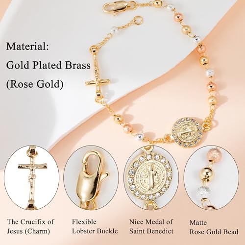 Women Link Bracelets Gold Plated Crucifix Rosary Bead Rose Chain Bracelet4