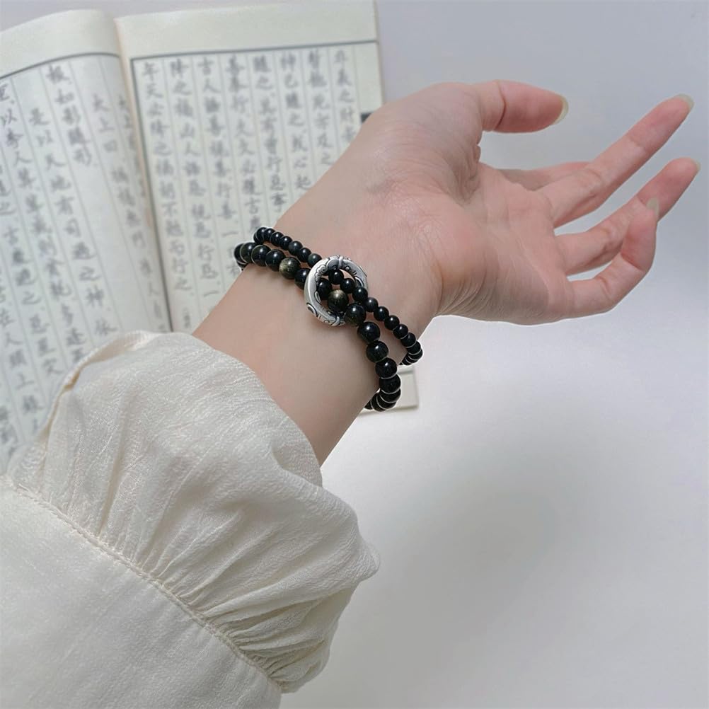 Bracciale in Ossidiana Nera Naturale con distanziatore in Argento Sterling Perline di Cristallo protettive con Accento ad Anello fluttuante, Gioielli Elasticizzati per Uomo e Donna