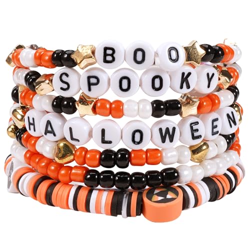 Ardorchid Halloween Bracelets for Women Pumpkin Ghost Steleton Bat Skull Beaded Stackable Stretchy Bracelet Rugby Thanksgiving Christmas Heishi Bracelets