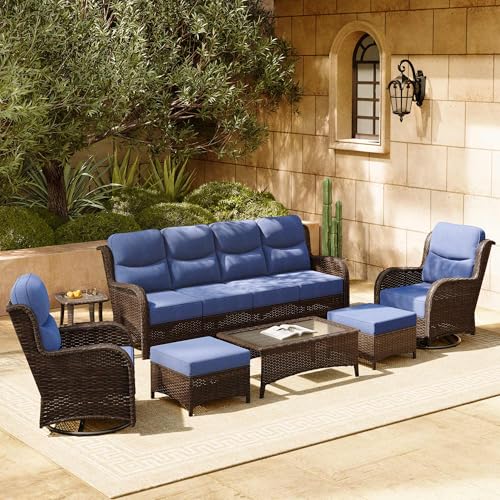 HILLGA Luxury Patio Furniture Set with 6-inch Thick Cushion, Outdoor Sectional Sofa and High Back Swivel Rocker Patio Chairs, 7PCS Wicker Conversation Set for Deck Yard and Poolside, Blue (V2)